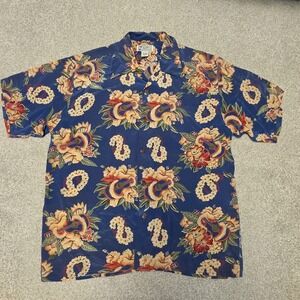 Avanti Vintage Hawaiian Shirt Mens XL Blue 100% Silk Guitar Lei Floral Aloha